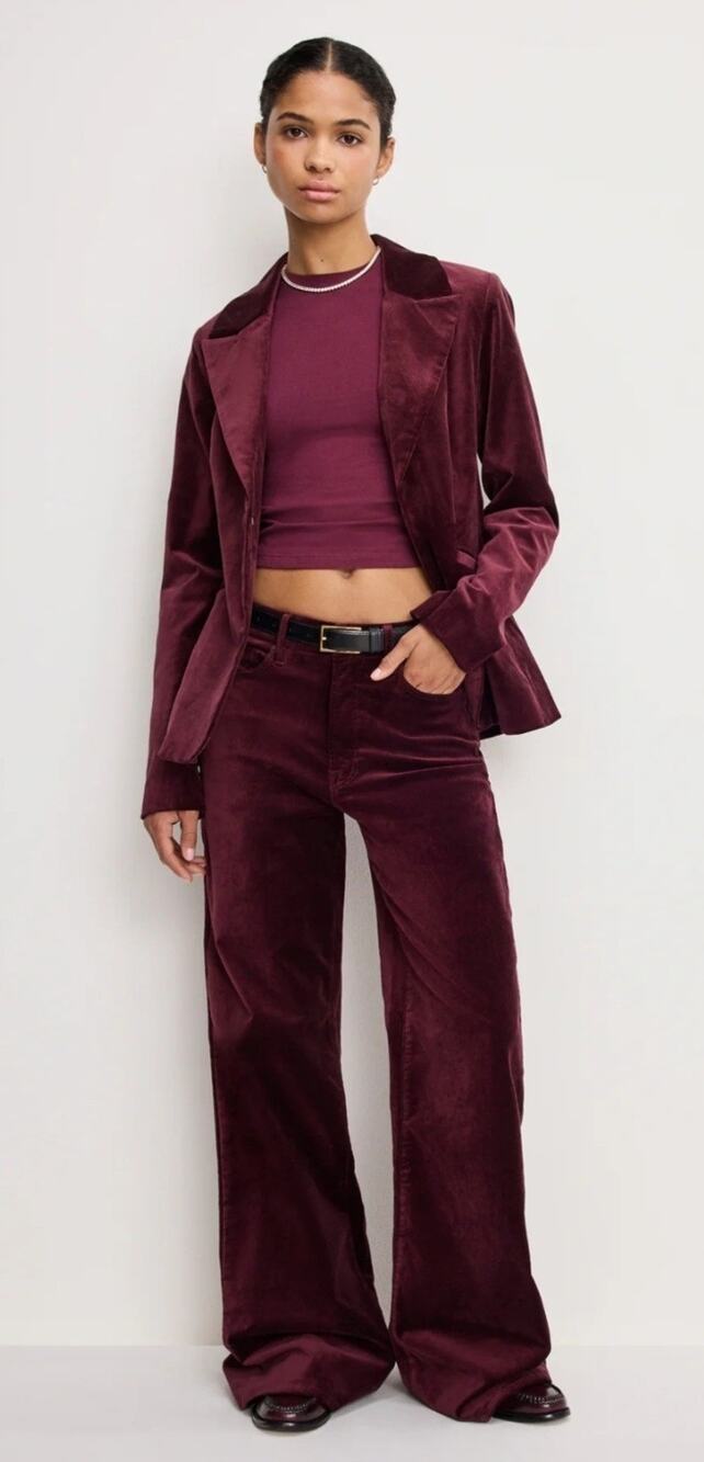 Good American Burgundy Velvet Good Waist Palazzo Pants & Blazer Suit Set Medium